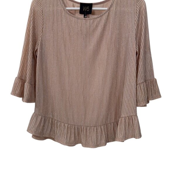 W5 Womens Ruffle Sleeve Rose Gold Metallic Striped Top Blouse SZ M Stretch - Picture 8 of 10